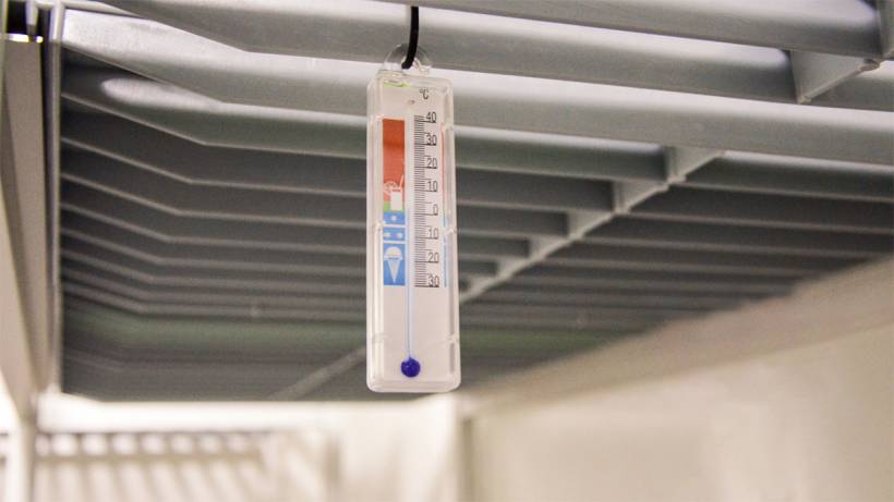 Hőmérő a hűtőkamra karbantartás részeként a kamra belsejében